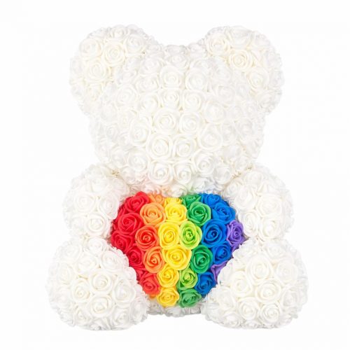 Мишка из роз белый с радужным сердцем (40 см)